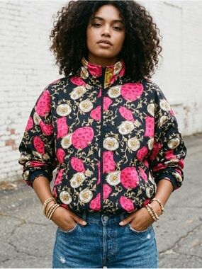 Vintage 80s 90s Mira Max Floral Women’s Windbreaker Jacket Full Zip Size M/L